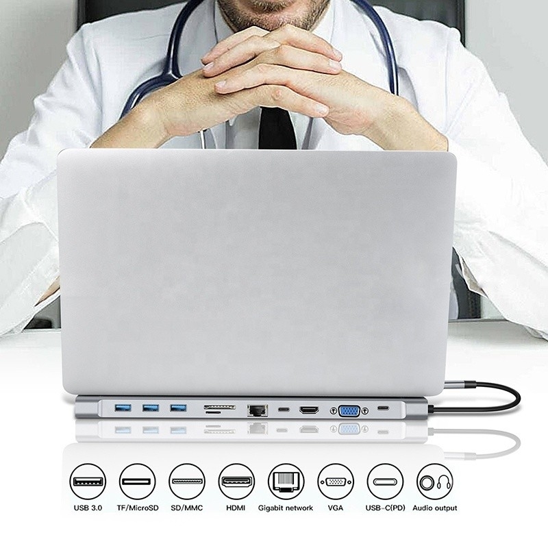 Estação de acoplagem USB C Tipo C 11 em 1 com VGA Ethernet 3.5 mm Audio TF / SD Card Reader