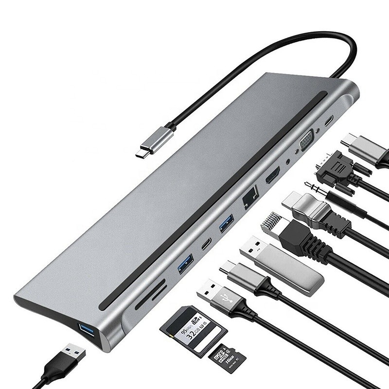 11 em 1 Multiport USB C USB-C Tipo-C PD 4K HDTV Hub Adaptador Estação de acoplagem com RJ45