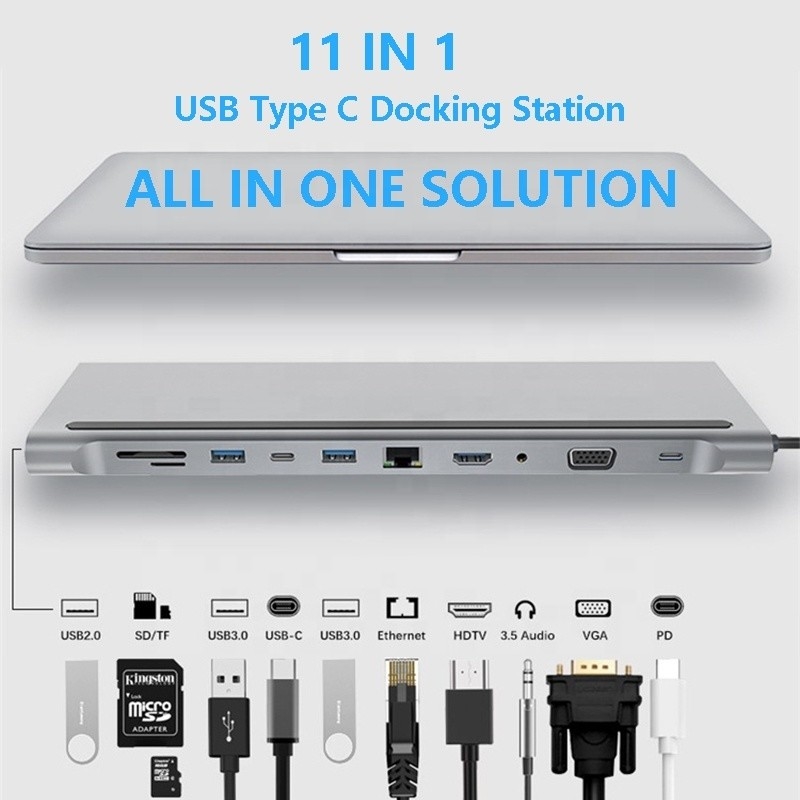11 em 1 Multiport USB C USB-C Tipo-C PD 4K HDTV Hub Adaptador Estação de acoplagem com RJ45