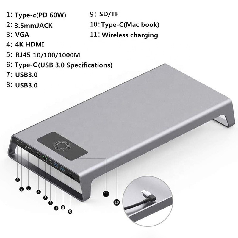 TÍPULO-C Homem 11 em 1 Hub Adaptador de Estação de Docking de Computador portátil com 1000Mbps RJ45 e USB-C PD