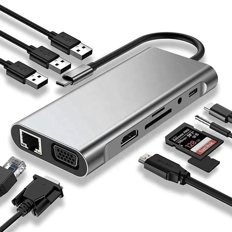 USB C Hub Tipo-C para USB 3.0 HDMI VGA RJ45 Lan SD TF Áudio Adaptador USB Grey Multiport