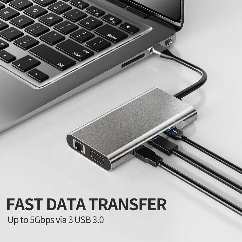 USB C Hub Tipo-C para USB 3.0 HDMI VGA RJ45 Lan SD TF Áudio Adaptador USB Grey Multiport