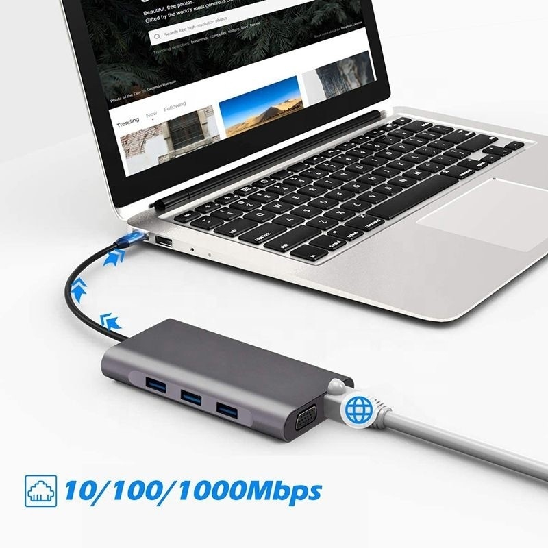 USB C Hub Tipo-C para USB 3.0 HDMI VGA RJ45 Lan SD TF Áudio Adaptador USB Grey Multiport