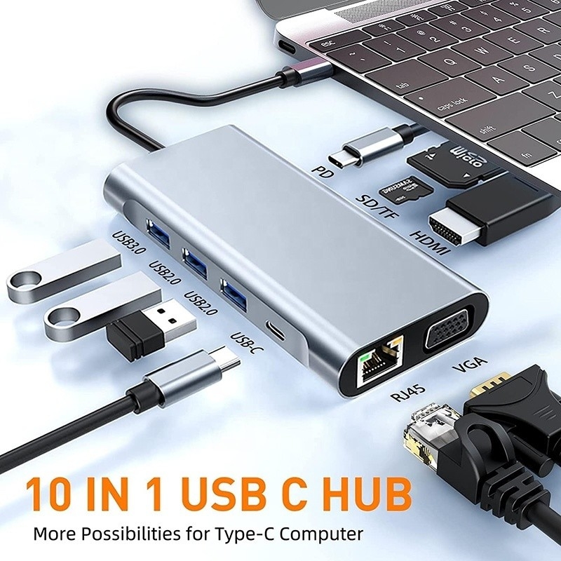 Estação de acoplagem USB tipo C 10 em 1 com 4K HDTV VGA Lan RJ45 USB3.0 Card Reader PD
