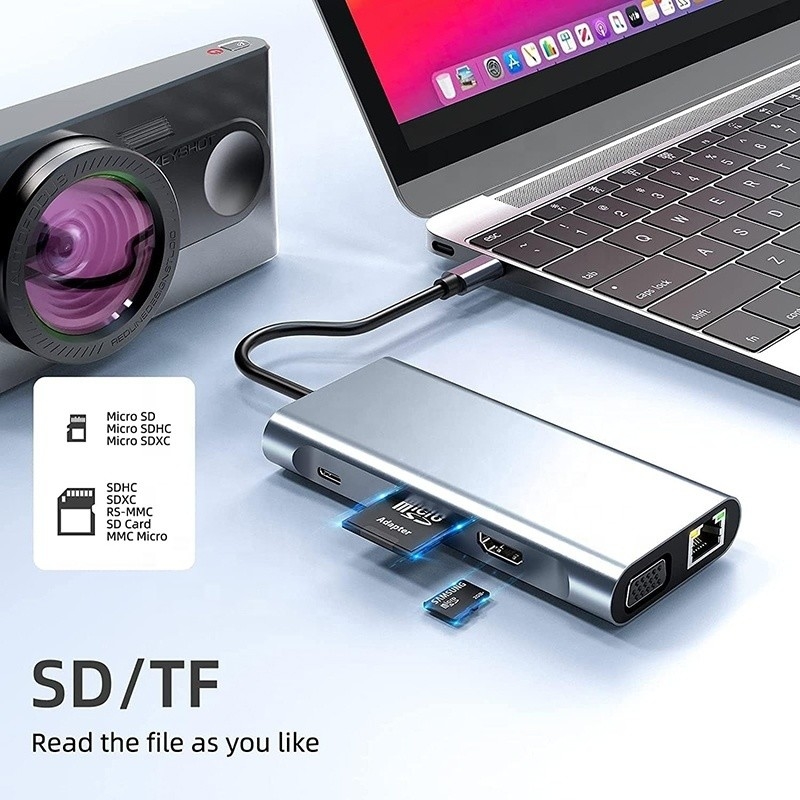 Estação de acoplagem USB tipo C 10 em 1 com 4K HDTV VGA Lan RJ45 USB3.0 Card Reader PD