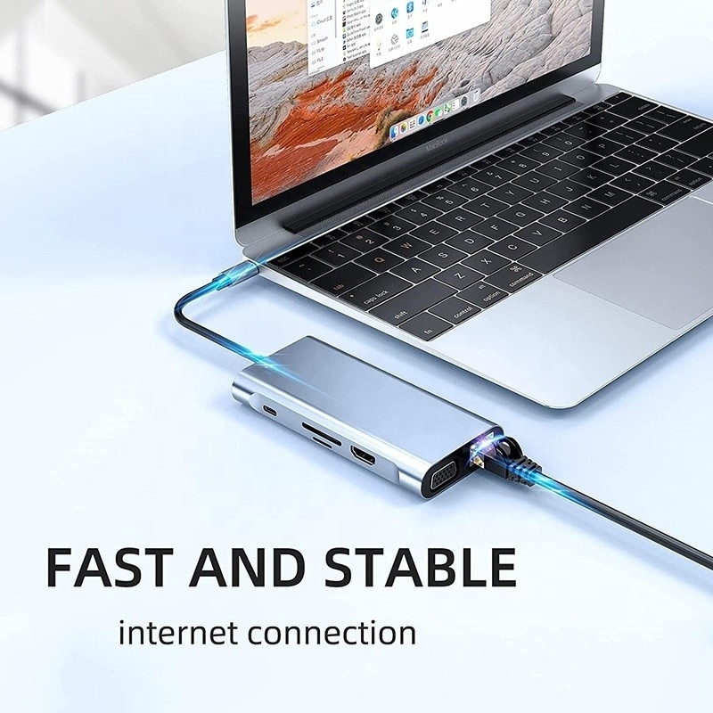 Estação de acoplagem USB tipo C 10 em 1 com 4K HDTV VGA Lan RJ45 USB3.0 Card Reader PD