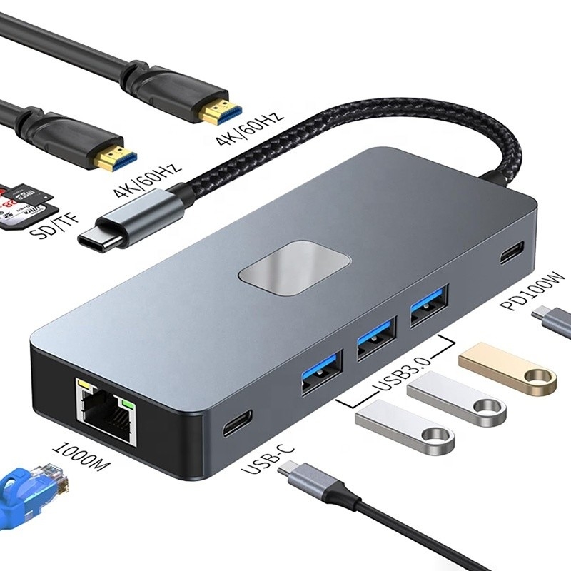 10 em 1 USB C Hub para HDMI Dual 4K 60Hz Adaptador Dock com USB 3.0 Ethernet RJ45 1000Mbps