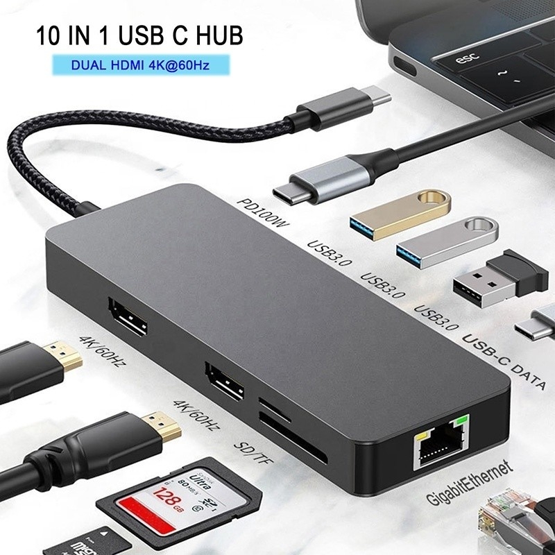 10 em 1 USB C Hub para HDMI Dual 4K 60Hz Adaptador Dock com USB 3.0 Ethernet RJ45 1000Mbps