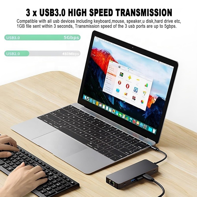 10 em 1 USB C Hub para HDMI Dual 4K 60Hz Adaptador Dock com USB 3.0 Ethernet RJ45 1000Mbps