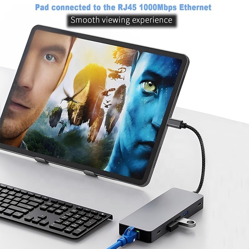 10 em 1 USB C Hub para HDMI Dual 4K 60Hz Adaptador Dock com USB 3.0 Ethernet RJ45 1000Mbps