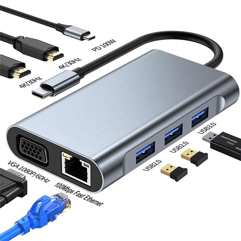 Estação de acoplagem multifunção 8-In-1 USB-C USB-C com duas portas HDMI 4K e 2 HDMI Cinza