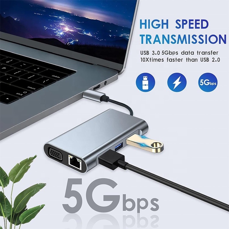 Estação de acoplagem multifunção 8-In-1 USB-C USB-C com duas portas HDMI 4K e 2 HDMI Cinza