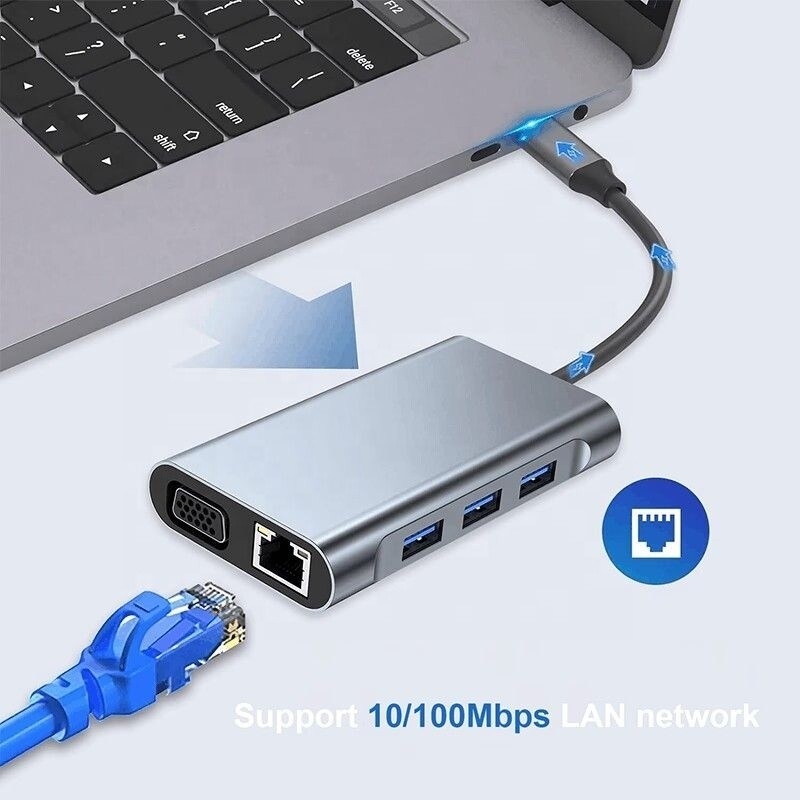 Estação de acoplagem multifunção 8-In-1 USB-C USB-C com duas portas HDMI 4K e 2 HDMI Cinza