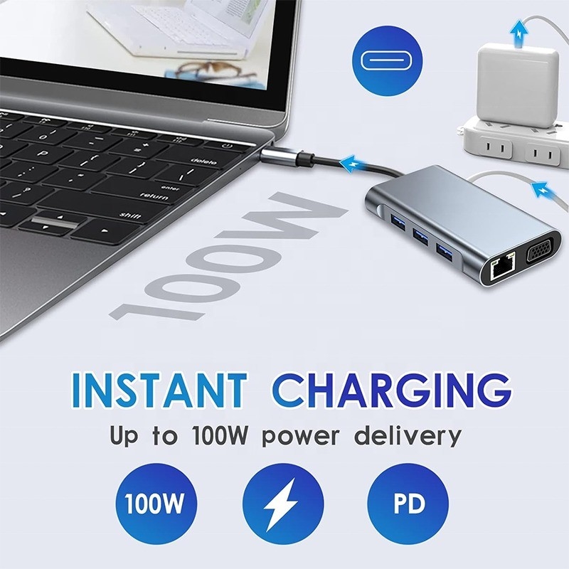 Estação de acoplagem multifunção 8-In-1 USB-C USB-C com duas portas HDMI 4K e 2 HDMI Cinza