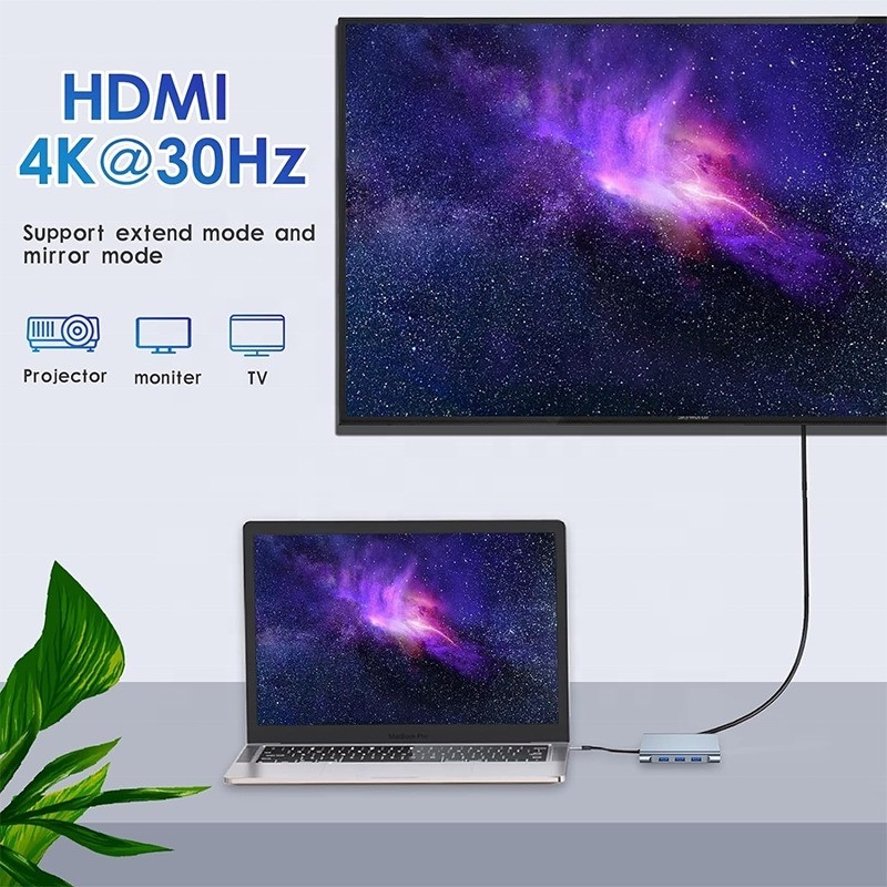 Estação de acoplagem multifunção 8-In-1 USB-C USB-C com duas portas HDMI 4K e 2 HDMI Cinza