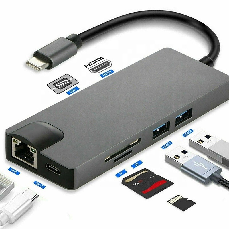 8-em-1 USB C Hub Tipo-C Tipo C 3.1 Para 4K HDMI HDTV RJ45 Lan Ethernet PD USB3.0 Adaptador Hub