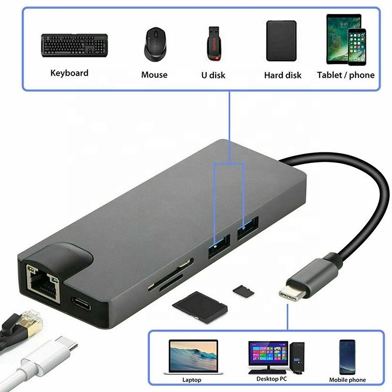 8-em-1 USB C Hub Tipo-C Tipo C 3.1 Para 4K HDMI HDTV RJ45 Lan Ethernet PD USB3.0 Adaptador Hub