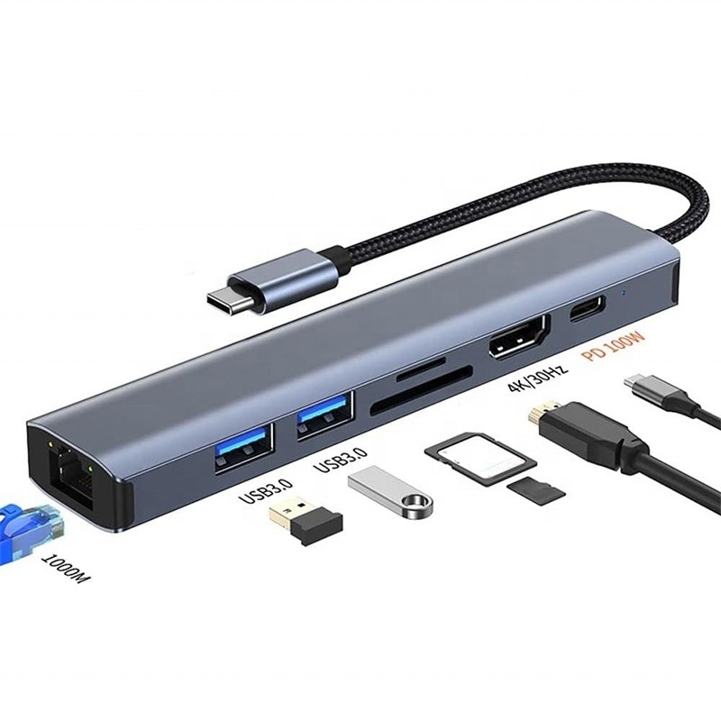 Grão 7 em 1 USB C Tipo C Hub com 1000M RJ45 Gigabit Ethernet 4K HDMI PD 100W Adaptador