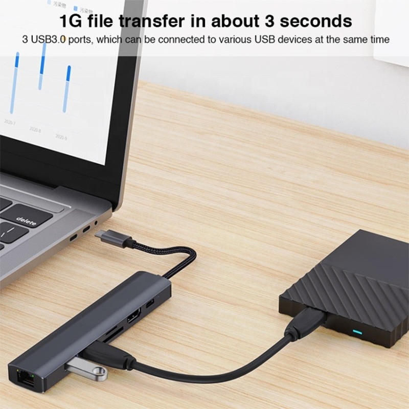 Grão 7 em 1 USB C Tipo C Hub com 1000M RJ45 Gigabit Ethernet 4K HDMI PD 100W Adaptador