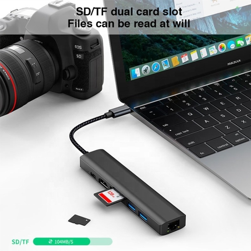 Grão 7 em 1 USB C Tipo C Hub com 1000M RJ45 Gigabit Ethernet 4K HDMI PD 100W Adaptador