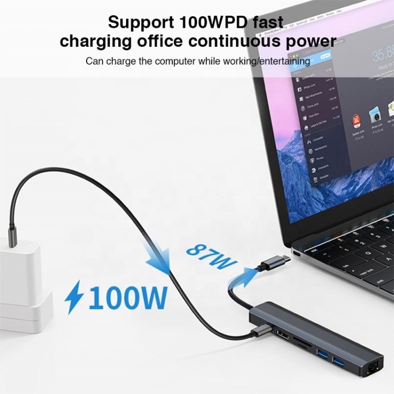 Grão 7 em 1 USB C Tipo C Hub com 1000M RJ45 Gigabit Ethernet 4K HDMI PD 100W Adaptador