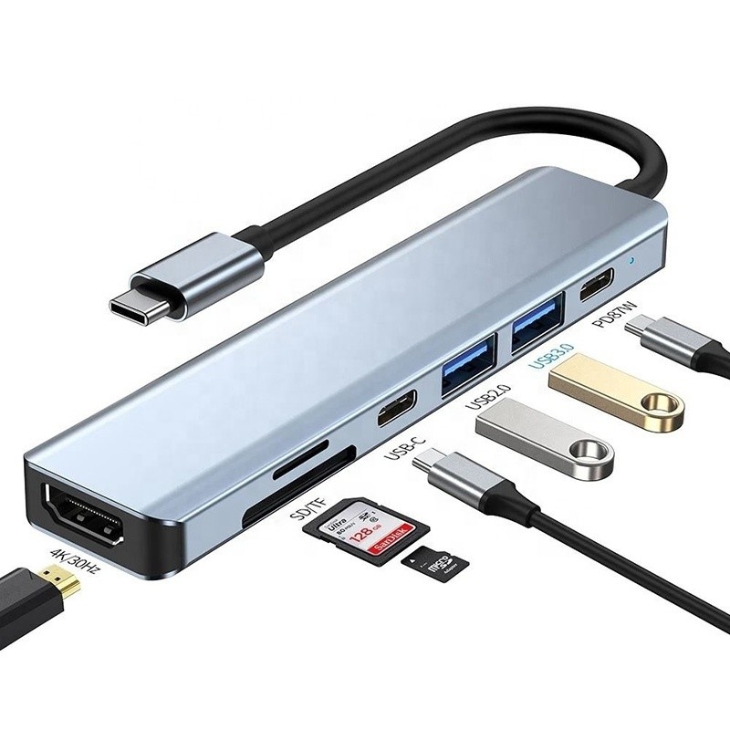 Grão 7 em 1 USB C para HDMI Adaptador Hub Dock com 4K HD HDMI PD SD TF SD / TF Card Reader