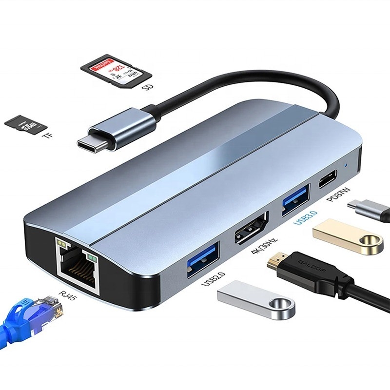 7 em 1 USB C USB-C Hub para Macbook Cinza HDMI USB 3.0 USB2.0 RJ45 SD/TF Card Reader PD Output