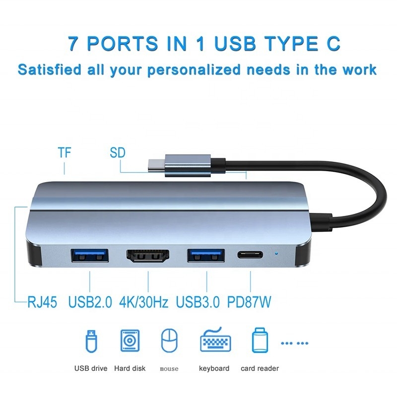 7 em 1 USB C USB-C Hub para Macbook Cinza HDMI USB 3.0 USB2.0 RJ45 SD/TF Card Reader PD Output