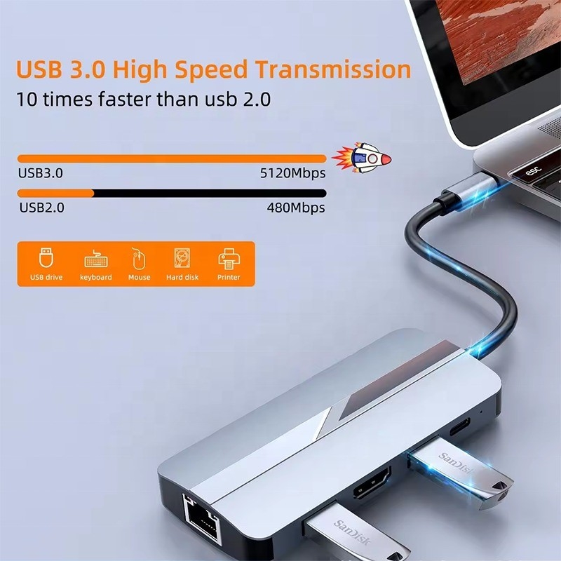 7 em 1 USB C USB-C Hub para Macbook Cinza HDMI USB 3.0 USB2.0 RJ45 SD/TF Card Reader PD Output