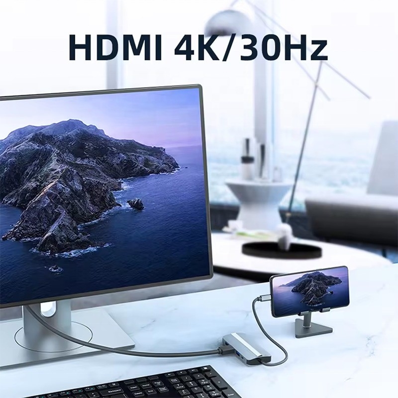 7 em 1 USB C USB-C Hub para Macbook Cinza HDMI USB 3.0 USB2.0 RJ45 SD/TF Card Reader PD Output