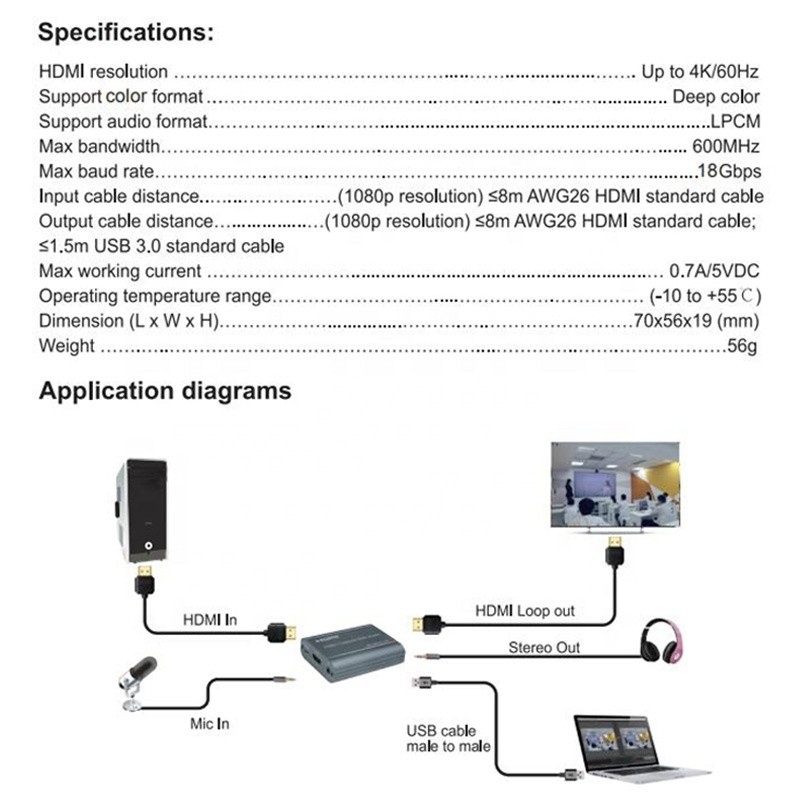 Cartão de captura de vídeo profissional 4K 60Hz HDMI para USB3.0 com saída de áudio e USB 3.0