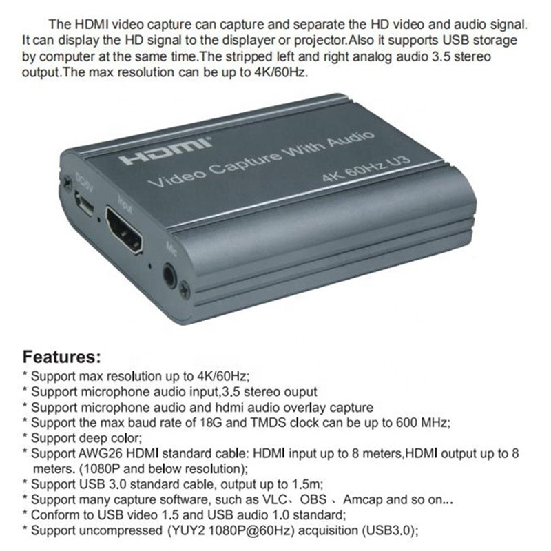 Cartão de captura de vídeo profissional 4K 60Hz HDMI para USB3.0 com saída de áudio e USB 3.0