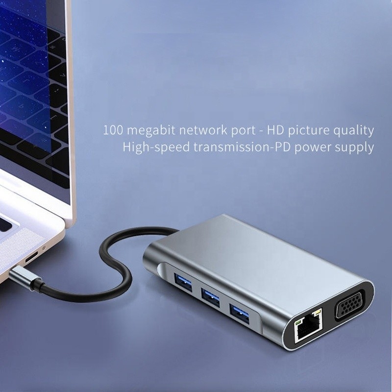 Estação de acoplagem USB tipo C de 7 em 1 com HDTV HDMI VGA USB RJ45 e transferência rápida de dados