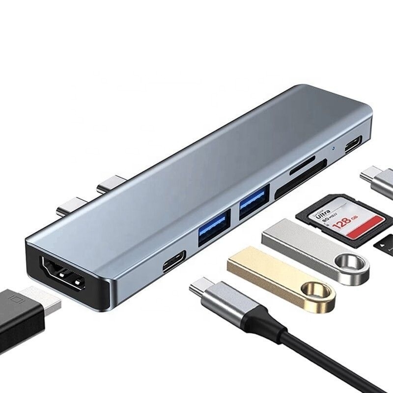 Adaptador do Dock Hub Multiport USB Tipo C 7-In-1 com saída HDMI USB 3.0 USB 2.0 SD/TF PD