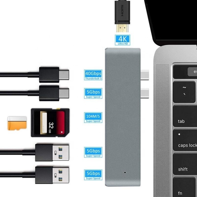 Estação de acoplagem do hub 7-in-2 com entrada masculina dupla do tipo C e tipo de interface USB 3.1