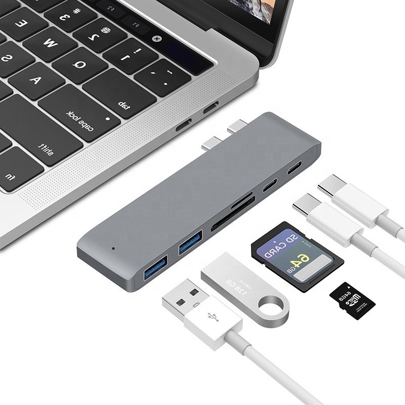Estação de acoplagem multiporte adaptador de hub tipo-C 6-em-1 com saída SD/TF 2 * USB3.0 2 * USB-C