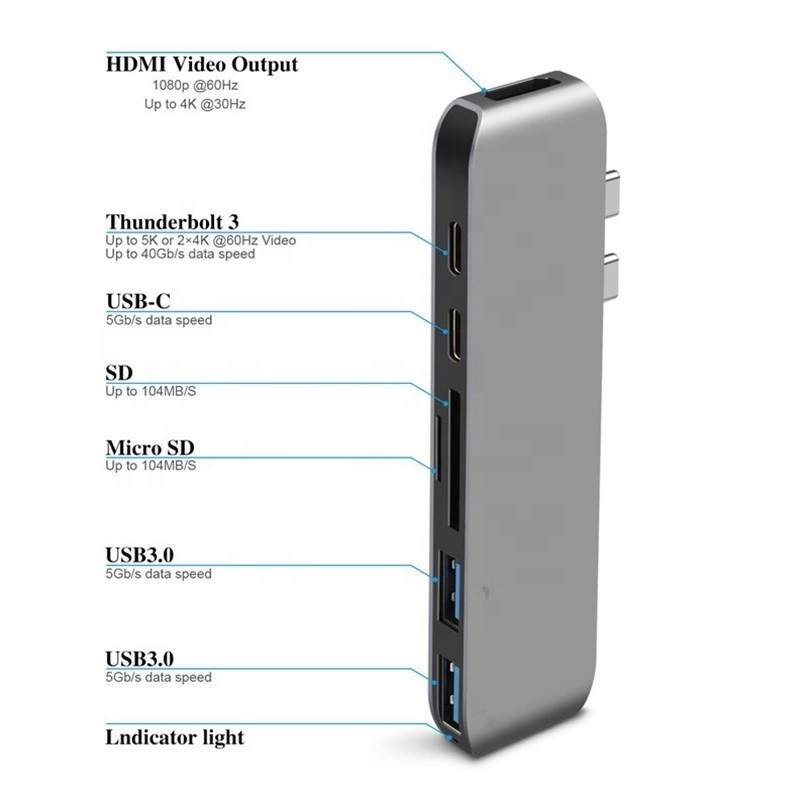 Estação de acoplagem multiporte adaptador de hub tipo-C 6-em-1 com saída SD/TF 2 * USB3.0 2 * USB-C