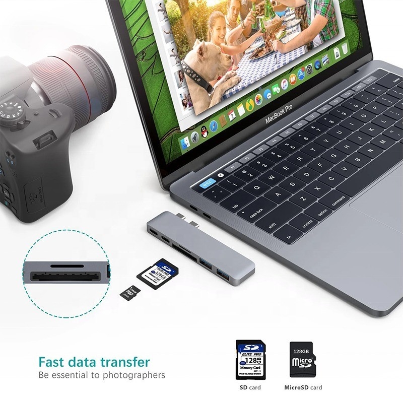 Estação de acoplagem multiporte adaptador de hub tipo-C 6-em-1 com saída SD/TF 2 * USB3.0 2 * USB-C
