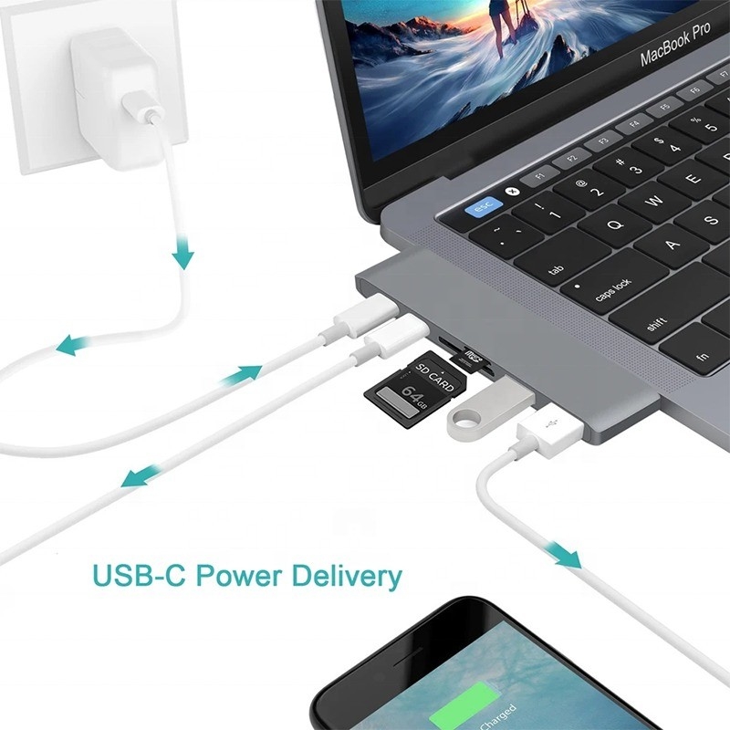 Estação de acoplagem multiporte adaptador de hub tipo-C 6-em-1 com saída SD/TF 2 * USB3.0 2 * USB-C