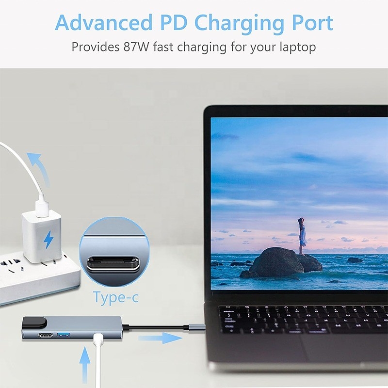 Estação de acoplagem USB C PD cinza para função de carregamento de computadores portáteis Transferência de dados saída de vídeo