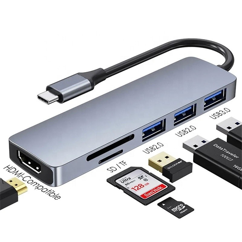 Estação de acoplagem de portáteis multiport 6-em-1 com leitor de cartão TF HD 4K HDMI HDTV USB 3.0 SD