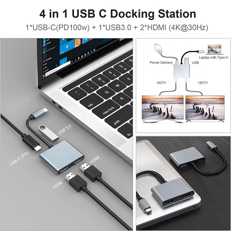 Adaptador USB C em duplo 4K HDMI MST para transferência de dados de carregamento e saída de vídeo