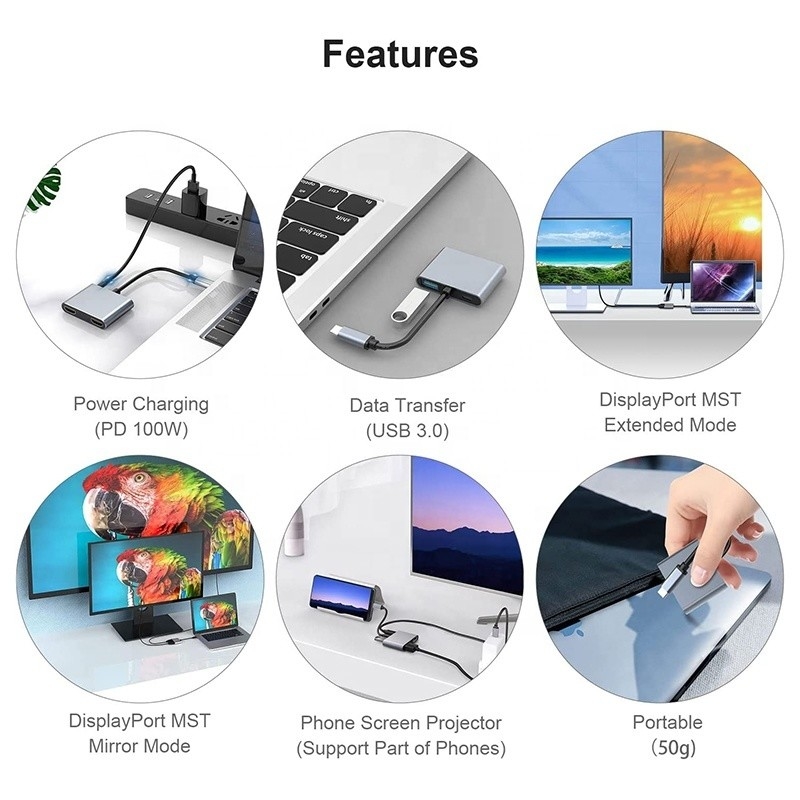Adaptador USB C em duplo 4K HDMI MST para transferência de dados de carregamento e saída de vídeo