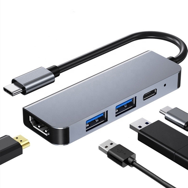 4K HDMI Compativel Tipo-C para USB C Hub Adaptador com 2 USB3.0 e PD Portes de Carregamento