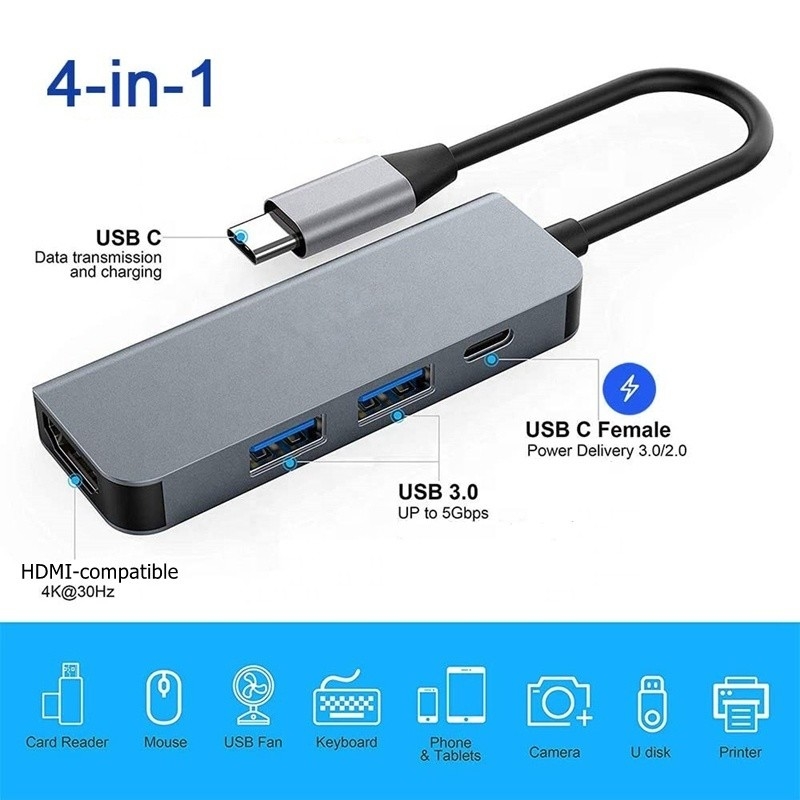 4K HDMI Compativel Tipo-C para USB C Hub Adaptador com 2 USB3.0 e PD Portes de Carregamento
