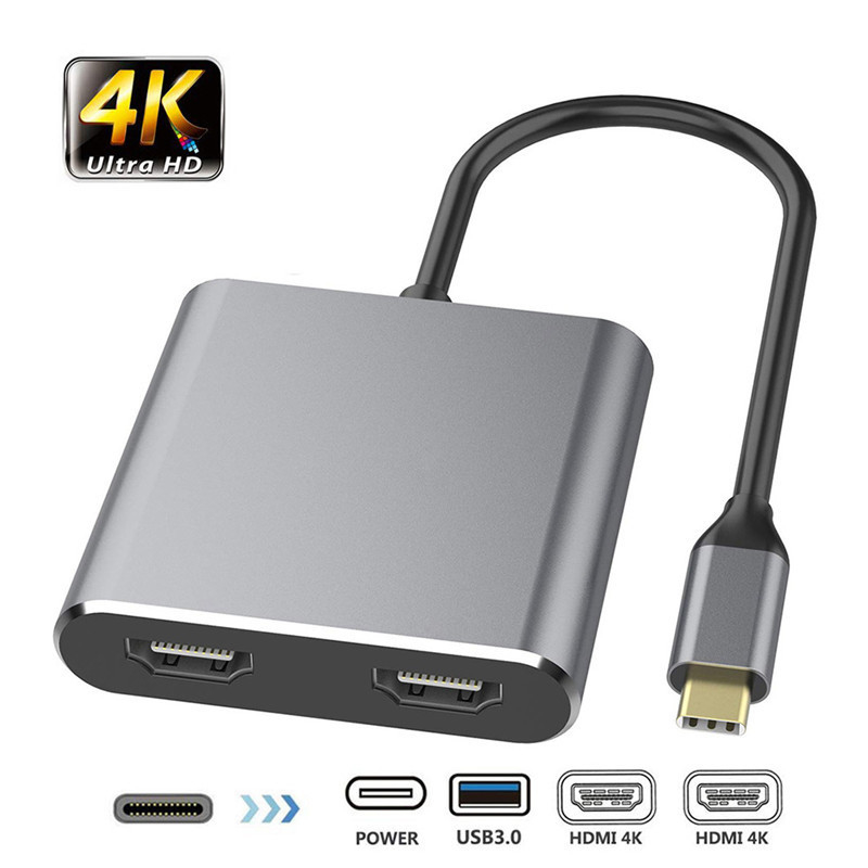 Estação de acoplagem 4-em-1 com 2 portas HDMI 4K duplas e adaptador USB-C Tipo-C para HDMI dupla