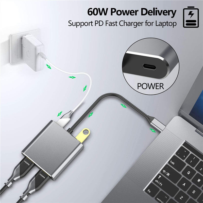 Estação de acoplagem 4-em-1 com 2 portas HDMI 4K duplas e adaptador USB-C Tipo-C para HDMI dupla