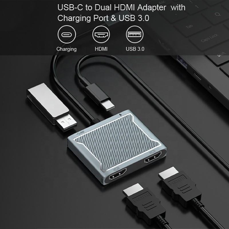 Conector de interface USB C Tipo C Adaptador HDMI duplo 4K 4 em 1 Hub USB 3.0 para laptop