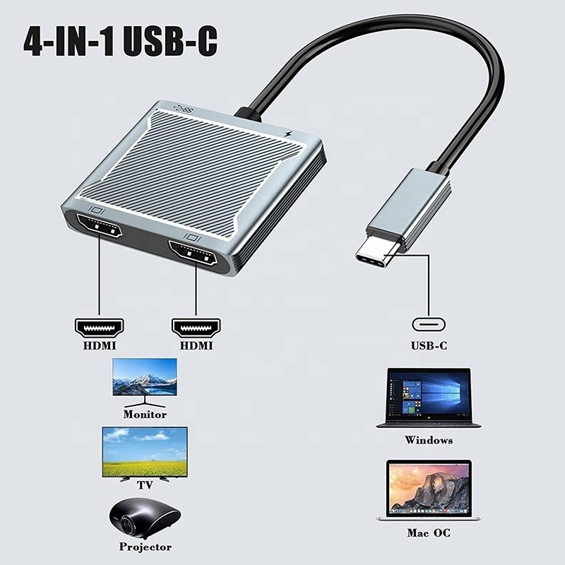 Conector de interface USB C Tipo C Adaptador HDMI duplo 4K 4 em 1 Hub USB 3.0 para laptop
