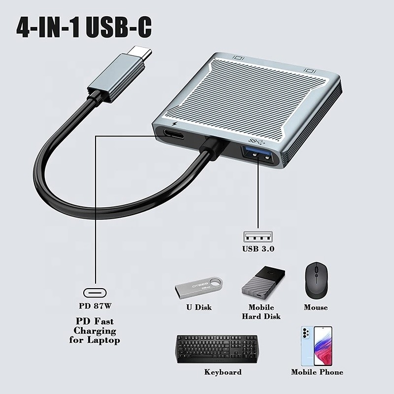 Conector de interface USB C Tipo C Adaptador HDMI duplo 4K 4 em 1 Hub USB 3.0 para laptop